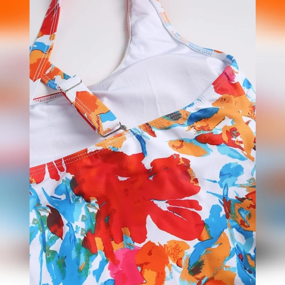 Zaful Floral One Piece Swimsuit - Red and Blue